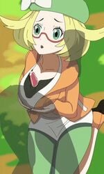 animated assistant_pokemon_professor bianca_(pokemon) blonde_hair clothed clothed_sex clothes clothing gif glasses glasses_on_head green_eyes hat human looking_at_partner loop nintendo outdoors outercourse paizuri pokemon pokemon_bw2 suuta_nsfw yellow_hair