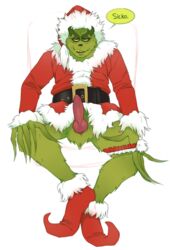 christmas dr_seuss fur green_fur how_the_grinch_stole_christmas looking_at_viewer male male_only penis santa_costume solo speech_bubble the_grinch