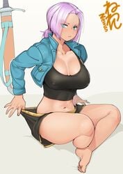 1girls adjusting_clothes adjusting_shorts barefoot black_shorts blue_eyes breasts clavicle cleavage cropped_jacket denim denim_jacket dragon_ball dragon_ball_z feet female female_only female_trunks forehead full_body genderswap_(mtf) jacket large_breasts low_ponytail midriff navel neone-x nipples_visible_through_clothing ponytail pouting purple_hair rule_63 scabbard sheathed shirt shirt_lift shorts sitting soles solo sword tanned thick_thighs thighs tied_hair toes trunks_briefs weapon