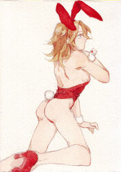 1boy ass blonde_hair bodysuit bunny_boy bunny_ears bunny_tail bunnysuit crossdressing expressionless facing_away femboy high_heels johnny_joestar jojo's_bizarre_adventure leotard male male_only on_knees playboy_bunny solo_male steel_ball_run thong thong_leotard