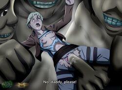 1girls 3boys ahe_gao attack_on_titan begging big_penis blonde clothed_female_nude_male crying crying_with_eyes_open holding impossible_fit nanaba nipples rape ripped_clothing shingeki_no_kyojin size_difference small_breasts stomach_bulge tears text titan_(shingeki_no_kyojin) vaginal_penetration