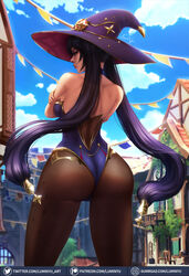 1girls 2020 ass back_view bare_shoulders big_ass big_butt butt female female_focus female_only genshin_impact gold green_eyes leotard long_hair luminyu magic magical_girl magician_hat mona_(genshin_impact) pantyhose purple_hair solo solo_female solo_focus thick_thighs thighs tights twintails witch witch_hat wizard_hat