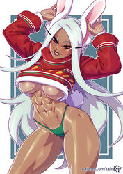 1girls abs arms_up arms_up_pose big_breasts breasts christmas christmas_clothing christmas_outfit cleavage dark-skinned_female dark_skin female female_only kajinman large_breasts looking_at_viewer miruko mole mole_on_breast muscles muscular muscular_female my_hero_academia rabbit_humanoid rumi_usagiyama solo