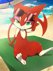 3:4 absurd_res beach beach_towel beach_umbrella cloud detailed_background eryz eyewear felid female feral fur furry furry_only genitals green_eyes hi_res lara_(mozu) looking_at_viewer mammal nintendo outside paws pokémon_(species) pokemon purrloin pussy red_body red_fur sand sea seaside sitting sky smile solo spread_legs spreading sunglasses tail video_games water