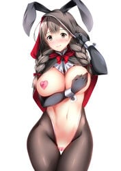 animal_ears black_legwear braid breasts brown_eyes brown_hair bunny_ears capelet collar commentary_request covered_nipples elbow_gloves female gloves grabbing_own_breast highres kantai_collection kuon_(break_through) large_breasts looking_at_viewer meme_attire navel pantyhose pasties pink_heart_pasties pink_pasties reverse_bunnysuit reverse_outfit shinshuu_maru_(kantai_collection) simple_background twin_braids