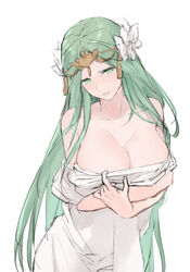 1girls big_breasts breasts cleavage dress female fire_emblem fire_emblem:_three_houses flower green_eyes green_hair hair_flower hair_ornament highres kisetsu large_breasts long_hair nintendo parted_lips rhea_(fire_emblem) simple_background solo solo_female upper_body white_background white_dress