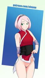 1girls bottomless clothing elbow_pads eleone female female_only forehead_protector green_eyes hairband lifted_by_self looking_away naruto naruto:_the_last naruto_(series) no_panties partially_clothed pink_hair pussy sakura_haruno sash shaved_pussy sleeveless sleeveless_shirt vagina