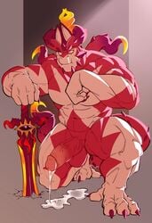 1boy 5_fingers abs anthro balls bodily_fluids claws cthugha_(tokyo_afterschool_summoners) dripping fingers genital_fluids genitals hi_res holding_object holding_sword holding_weapon humanoid_genitalia humanoid_penis kneeling looking_aside male male_only matcharyu melee_weapon muscular muscular_anthro muscular_male nude pecs penis precum precum_drip purple_eyes red_balls red_body scalie solo sweat sweatdrop sword toe_claws tokyo_afterschool_summoners vein veiny_penis video_games weapon