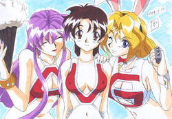 2004 3girls animal_ears armpits ayako_yuuki bare_shoulders bikini blonde_hair blue_eyes blue_nails bow bowtie bracelet brass_knuckles breasts brown_eyes brown_hair bunny_ears cleavage closed_eyes collar dated detached_collar earrings erilin_goldsmith eyebrows_visible_through_hair eyes_visible_through_hair fake_animal_ears fan female female_only gojuryu_karate hairband hand_on_shoulder holding_fan jewelry large_breasts leaning_forward lipstick long_hair looking_at_viewer makeup matching_hair/eyes medium_breasts mole mole_under_eye multiple_girls nail_polish navel nipple_bulge one_eye_closed pink_lipstick purple_hair ribbon short_hair sideboob signature smile standing swimsuit teeth variable_geo wink wrist_cuffs yajima_satomi