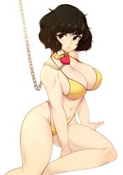 1girls black_eyes black_hair brown_hair chain_leash chained chains collar color female femsub heart large_breasts leash looking_at_another looking_away looking_up medium_hair megami_tensei on_the_ground pale-skinned_female pale_skin persona persona_5 sadayo_kawakami short_hair slugbox swimsuit thick_thighs white_background