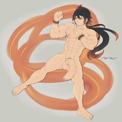 1boy bara big_balls brown_hair completely_nude flaccid genshin_impact huge_cock insaneeighteen kicking male male_only muscles muscular nipples nude solo two_tone_hair wristband zhongli_(genshin_impact)