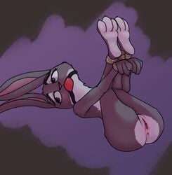 anthro anus arms_tied ass ball_gag big_butt blush bondage bound disney famished_(artist) feet female flat_chest fur gag gagged genitals grey_body grey_fur hi_res judy_hopps lagomorph legs_tied leporid lying mammal nude purple_eyes pussy rabbit rope rope_bondage simple_background solo thick_thighs wide_hips zootopia