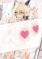 1girls against_glass artoria_pendragon artoria_pendragon_(lancer_alter) bathroom big_breasts bikini_bottom blonde_hair blush breast_press breasts breasts_on_glass fate/grand_order fate_(series) hand_on_glass hirasawa_seiji huge_breasts looking_at_viewer pasties pink_heart_pasties pink_pasties shower smile solo topless yellow_eyes