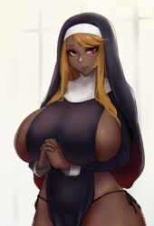 1girls arms_under_breasts blonde_hair breasts dark-skinned_female dark_lips dark_skin eyelashes female female_only gyaru headgear highres huge_breasts interlocked_fingers lailah_(roresu) large_breasts long_hair looking_at_viewer nun nun's_habit nun_outfit panties praying red_eyes roresu shiny shiny_skin side-tie_panties sideboob smile solo standing thick_lips underwear wide_hips