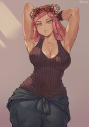 1girls abs armpits big_breasts cleavage cutesexyrobutts_(style) female female_focus female_only half-closed_eyes highres large_breasts looking_at_viewer mei_hatsume muscles muscular muscular_female my_hero_academia pink_hair shexyo short_hair tagme tank_top target-shaped_pupils yellow_eyes