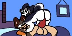 2:1 anal anal_sex animated ass balls bed big_butt big_penis bodily_fluids canid canine canis cowgirl_position coyote cum cum_inside cum_while_thrusting digital_media_(artwork) domestic_dog furniture furry genital_fluids genitals gif husky male male/male male_on_bottom male_on_top mammal nordic_sled_dog on_bottom on_top penetration penis pixel_art sex short_playtime spitz superiorfox