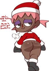 1girls animal_crossing ass big_ass bottomless cute dark-skinned_female dark_skin female female_only funny humor nintendo pink_hair santa_costume simple_background tagme vilepluff villager_(animal_crossing) walking year_request