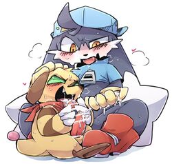 anthro bodily_fluids borushi bottomless breath censored clothed clothing cum cum_in_mouth cum_inside duo genital_fluids genitals klonoa klonoa_(series) male male/male oral panting penis popka tagme video_games