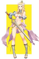 1girl 1girls absurdres alternate_costume armor armored_gloves bikini_armor blonde_hair blue_eyes breasts code_of_princess commission commissioner_upload cosplay crossover falchion_(fire_emblem) fire_emblem fire_emblem_fates flower full_body hair_flower hair_ornament highres holding holding_weapon igni_tion long_hair long_legs looking_at_viewer medium_breasts navel nintendo ophelia_(fire_emblem) revealing_clothes sandals simple_background skimpy skimpy_armor skimpy_clothes smile solange_blanchefleur_de_lux_(cosplay) solange_blanchefleur_de_luxe solange_blanchefleur_de_luxe_(cosplay) solo solo_female weapon