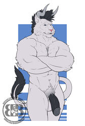 2020 abs anthro biceps black_hair black_penis blue_eyes body_hair bruteandbrawn cheek_tuft chest_hair crossed_arms digital_media_(artwork) facial_tuft felid final_fantasy flaccid fluffy fluffy_tail front_view fur genitals glans hair hi_res horn humanoid_genitalia humanoid_penis looking_away male male_only mammal markings monotone_body monotone_fur navel pecs penis pink_nose pinup pose pubes retracted_foreskin ronso simple_background solo square_enix standing tuft urethra video_games watermark whisker_markings white_body white_fur