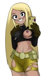 1girls belt blonde blonde_hair cameltoe cartoon_network clothing dc dc_comics electronics footwear handwear human jupiterorange long_hair nipples_visible_through_clothing one_breast_out phone pierced_nipples piercing selfie skintight smile solo solo_female tagme teen_titans teenager terra terra_(dc) torn_clothes torn_shirt torn_shorts