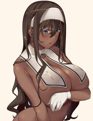 beige_background black_hair blue_eyes breasts collarbone commentary_request covering covering_breasts cross cross_earrings cross_print dark-skinned_female dark_skin detached_collar earrings female gloves hai_ookami headband jewelry large_breasts long_hair nude nun original simple_background solo upper_body white_gloves white_headband