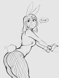 ass bunny_ears bunny_tail bunnysuit chikkibug fishnets freckles levi_(chikkibug) petite queenchikkibug speech_bubble thick_ass thick_thighs