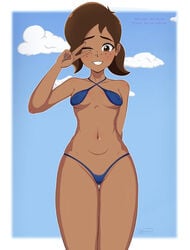 1girls aged_up brown_eyes brown_hair dark-skinned_female dark_skin freckles june_del_toro mouth_open one_eye_closed peace_sign setrakian smile solo the_last_kids_on_earth