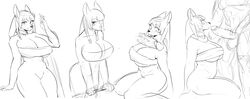 anthro areola big_breasts breasts canid canine canis cleavage clothed clothing duo female genitals imminent_fellatio imminent_oral jackal looking_at_viewer male mammal monochrome muscular muscular_male nipple_slip nipples penis sindoll sketch smile smiling_at_viewer