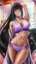 1girls bare_shoulders big_breasts bikini black_hair blush breasts cherry_blossoms choker cleavage detailed_background donyta hyuuga_hinata large_breasts long_hair looking_at_viewer naruto naruto:_the_last naruto_(series) naruto_shippuden pinup robe solo swimsuit undressing very_long_hair violet_eyes