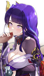 1boy 1girls bangs blunt_bangs blush bow bowtie breasts bridal_gauntlets censored censored_penis cleavage eating eyelashes fellatio female female_focus genshin_impact hair_ornament high_resolution highres hizake holding_penis japanese_clothes kashu_(hizake) large_breasts light-skinned_female long_hair looking_at_partner mosaic_censoring oral oral_sex purple_eyes purple_hair raiden_shogun sagging_breasts sake_bottle shiny_hair sidelocks swallowing whipped_cream whipped_cream_on_penis wide_eyed