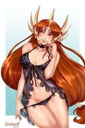 breasts brown_hair league_of_legends leona_(league_of_legends) nipple_slip nipples panties seductive_gaze tagme velvetqueenh