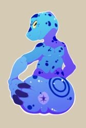 amphibian anthro anus ass blue_body frog furry hi_res lonelycharart looking_back male presenting presenting_anus presenting_hindquarters solo solo_focus