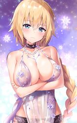 3: ale_nqki artoria_pendragon_(lancer_alter)_(cosplay) babydoll bangs bare_shoulders blonde_hair blue_eyes blush braid breast_hold breasts choker clavicle cleavage closed_mouth cosplay covered_navel cowboy_shot crossed_arms embarrassed exposed_shoulders eyebrows_visible_through_hair fate/apocrypha fate/grand_order fate_(series) female female garter_belt gloves gradient gradient_background hair_between_eyes halterneck head_tilt high_resolution jeanne_d'arc_(fate) jewelry large_breasts lingerie long_hair looking_at_viewer mobile_wallpaper navel necklace nightgown pantsu pixiv_id_14212838 royal_icing royal_icing_(cosplay) see-through single_braid snowflake_background snowflake_print snowflakes solo sparkle tagme tied_hair underwear very_high_resolution very_long_hair waist