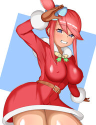 1girls big_breasts blue_eyes blush christmas_outfit eye_contact female gloves large_breasts long_hair looking_at_viewer nintendo nipple_bulge pokemon pokemon_bw red_hair shutchi skyla_(pokemon) solo standing thick_thighs thighs white_background