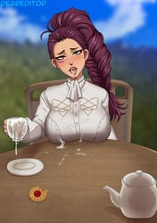 1girls braid braided_ponytail brown_eyes chair cum cum_in_container cum_in_cup cum_in_mouth cum_on_breasts cum_on_tongue cup deareditor drinking_cum facial_mark fire_emblem fire_emblem:_three_houses garreg_mach_monastery_uniform large_breasts long_hair looking_at_viewer nintendo petra_macneary ponytail purple_hair solo table tea_time teacup teatime tongue tongue_out