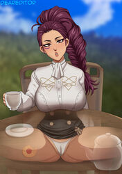 1girls bare_legs braid braided_ponytail brown_eyes casual chair cup deareditor facial_mark fire_emblem fire_emblem:_three_houses fully_clothed garreg_mach_monastery_uniform large_breasts long_hair looking_at_viewer nintendo panties partially_visible_vulva petra_macneary ponytail purple_hair skirt_lift solo spread_legs table tea_time teacup teatime under_the_table white_panties x-ray