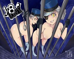 2021 2girls aged_up ass atlus big_breasts black_gloves blue_hat breasts butt caroline_(persona_5) completely_nude english_text eyeliner eyepatch female female_only gloves grinding hand_cuffs hat jail jail_cell jakatchu justine_(persona_5) lipstick looking_at_viewer makeup megami_tensei metal_bar naked nipples nude nude_female persona persona_5 prison prison_cell pussy pussy_grinding pussy_juice pussy_juice_drip rubbing_pussy socks stone_floor twins vagina viewed_from_above white_hair white_socks yellow_eyes