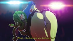 1girls ass bangs big_ass big_butt big_eyes blush bracelet cowboy_shot draw embarrassed erkerut female green-skinned_female green_hair green_skin hair_over_one_eye hand_on_ass indoors legs_together long_hair looking_at_viewer looking_back miniskirt monster monster_girl monster_prom panties pantyshot patreon pleated_skirt pov red_eyes shirt skirt snake_hair solo standing subtitled tagme thick_thighs underwear upskirt vera_oberlin white_outline white_panties