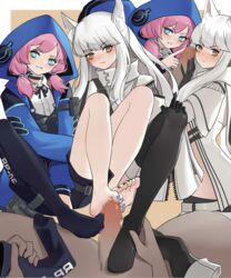 1boy 2girls ahoge animal_ear_fluff animal_ears arknights bangs barefoot belt black_legwear black_shorts blue_eyes blue_jacket blue_poison_(arknights) blunt_bangs blush breasts buttons censored chinese_commentary clenched_teeth clothed_female_nude_male clothes_writing collared_shirt commentary_request erection expressionless eyebrows_visible_through_hair eyelashes feet footjob grin hood hood_up hooded_jacket horse_ears jacket legs legwear_removed long_hair long_sleeves looking_at_viewer low_twintails medium_hair midriff mosaic_censoring multiple_girls navel no_shoes nude open_clothes open_jacket open_mouth out_of_frame pantyhose penis pink_hair platinum_(arknights) pouch pov shirt short_twintails shorts sidelocks simple_background sitting small_breasts smile smug soles straight striped teeth thigh_strap thighhighs toenail_polish toes touching turtleneck twintails vertical_stripes white_jacket white_shirt xssh yellow_eyes