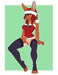 anthro blue_eyes blush bottomless breasts brown_hair bustier christmas christmas_clothing christmas_headwear clitoral_hood clitoris clothed clothing digital_media_(artwork) ear_tuft female genitals hair hat headgear headwear hi_res holidays lagomorph legwear leporid long_ears long_hair looking_at_viewer mammal multicolored_hair partially_clothed pinup plump_labia pose presenting presenting_pussy pussy rabbit ribbons sabrina_holtz santa_hat simple_background sitting skimpy smile smiling_at_viewer solo spread_legs spreading stockings toeless_legwear toeless_stockings tuft two_tone_hair