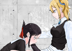 2girls alternate_breast_size black_eyes black_hair blue_eyes clothed_sex dildo dildo_in_mouth dominant_female eyes_wide_open female femdom femsub fully_clothed hair_ribbon hand_on_head hayasaka_ai kaguya-sama_wa_kokurasetai_~tensai-tachi_no_renai_zunousen~ kneeling kneeling_down long_hair maid maid_uniform medium_breasts multiple_girls ponytail ribbon sex_toy shinomiya_kaguya short_hair strap-on struggling submissive submissive_female sucking_dildo yellow_hair yuri