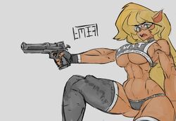 1girls angry anthro blonde_hair callie_briggs cat_ears cat_tail catgirl concealed concealed_weapon female_only fit fit_female furry furry_only glasses green_eyes gun hanna-barbera long_hair muscular muscular_female panties swat_kats tan_fur tanktop thighhighs underwear weapon zer0ember