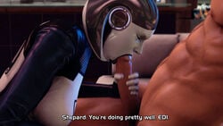 1boy 1girls 3d abs bioware black_lipstick blowjob bodysuit catsuit closed_eyes commander_shepard cum_in_mouth cyborg deepthroat dialogue edi fellatio female freemale handjob human human_on_humanoid human_on_robot human_penetrating large_penis latex licking_penis lipstick male maleshep mass_effect mass_effect_3 muscular_male oral partial_male robot robot_girl saliva sex source_filmmaker straight technophilia text tongue