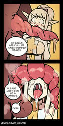 1boy 1girls animal_penis anthro balls blonde_female blonde_hair blush bodily_fluids brown_fur comic_page dialogue drooling elf english_text fur furry hair_ribbon highres hollie_(wolfgang_bang) long_hair looking_at_penis musk open_mouth original penis_on_face pent_up pointy_ears ponytail porcine size_difference steam steamy_penis suid suina text_bubble tongue_out wild_boar wolfgang_bang