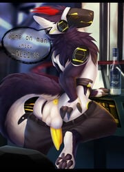 absurd_res alcohol anthro anus ass beverage black_bars bottomwear captain chaos_(miraoff) claws clothed clothing dialogue fluffy future genitals hi_res horn lcars letterbox machine male miraoff pants paws penis protogen ship solo spacecraft vehicle vodka watercraft