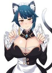 1girls 2020 :> animal_ear_fluff animal_ears black_clothing blue_hair breasts cat_ears cat_tail catgirl cleavage_cutout clothed clothing corset earrings eyebrows_visible_through_hair female frills fully_clothed genderswap_(mtf) genshin_impact gradient_hair highres hinghoi jewelry kemonomimi kemonomimi_mode large_breasts looking_at_viewer maid maid_headdress maid_uniform paw_pose raised_tail rule_63 simple_background single_earring skirt smile standing tail uniform white_background xingqiu_(genshin_impact) yellow_eyes