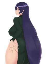 1girls ass breasts dress fate_(series) female fraankyy from_behind green_dress high_resolution large_breasts long_hair looking_at_viewer minamoto_no_raikou_(fate) minamoto_no_raikou_(fate/grand_order) purple_eyes purple_hair simple_background standing thick_thighs thighs very_high_resolution white_background wide_hips