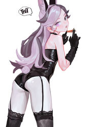 1girls ass black_hair butt carrot clothed clothing female female_focus female_only fkey leather leather_gloves leather_jacket long_hair looking_at_viewer looking_back original original_character pink_eyes pink_hair seductive solo solo_female solo_focus stockings two_tone_hair violet_hair