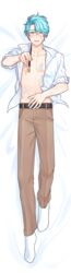 blush dakimakura_design half-dressed male male_only mystic_messenger paint paintbrush pants smile socks solo_male unbuttoned_shirt v_(mystic_messenger)